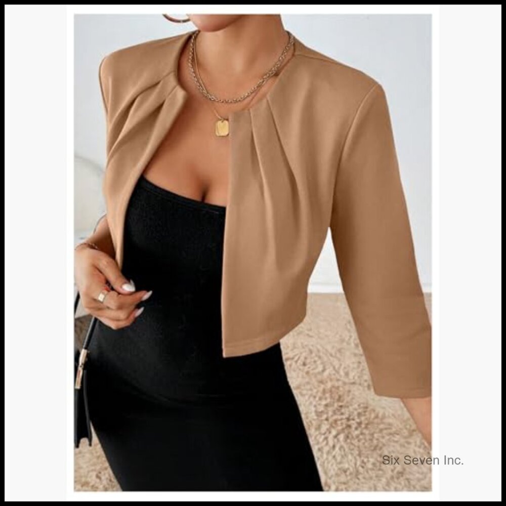 Polyester Blazer Jacket Open Front 3/4 Sleeve Ple… - image 4